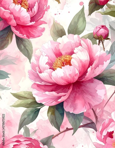 Fototapeta Naklejka Na Ścianę i Meble -  Pink peonies watercolor floral pattern