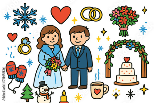 Whimsical Winter Wedding. Colorful Hand-drawn doodle Children illustration Winter wedding snowflake, heart, rings, bouquet, fur shawl, bride, groom, mittens,