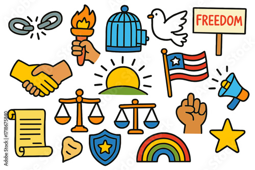 Freedom Symbols Unleashed. Colorful Hand-drawn doodle Children illustration Freedom and justice broken chains, torch, open cage, dove, sunrise, waving flag,