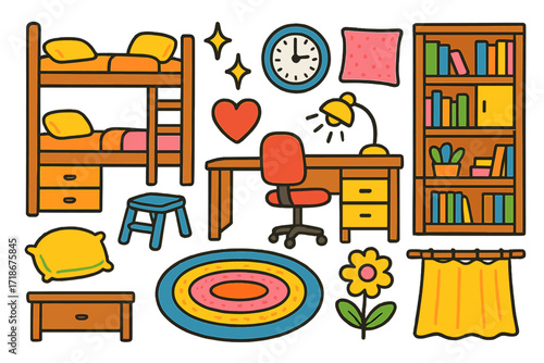 Cozy Children's Doodle Art. Colorful Hand-drawn doodle Children illustration Cozy compact spaces bunk bed, desk, pull-out chair, bookshelf, rug, sparkles,