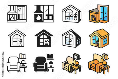 Cozy Living Icons. Icon Set of Cozy indoor-outdoor living: fireplace by terrace, sunroom, reading nook. Icons set in vector style, emblematic variations.