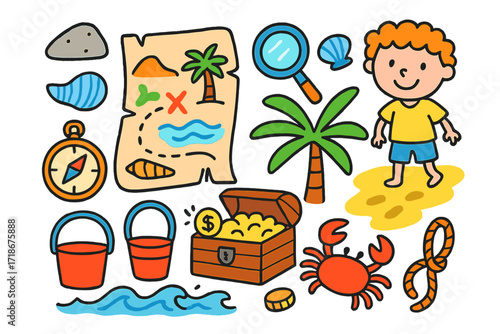 Children's Treasure Hunt. Colorful Hand-drawn doodle Children illustration Shore treasure hunt treasure map, shell, chest, coin, magnifying glass, palm tree,