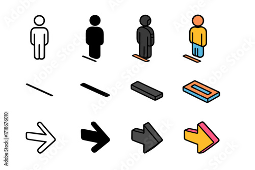 Customer Queue Icons. Icon Set of Customer Queue Basics: Standing person, Floor marking line, Waiting arrow. Icons set in vector style, emblematic variations.