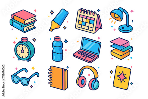Productive Study Icons. Colorful isometric vector icons set of Productive study day: stack of books, highlighter pen, study planner, desk lamp, timer, water