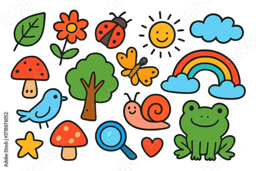 Nature Doodles Adventure. Colorful Hand-drawn doodle Children illustration Exploring nature leaf, flower, ladybug, butterfly, snail, tree, mushroom, bird, sun,