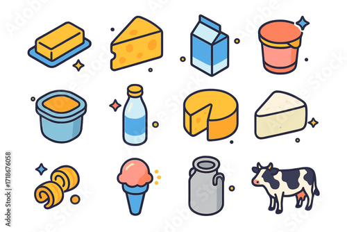 Dairy Product Icons. Colorful isometric vector icons set of dairy product icons: stick of butter, block of cheese, milk carton, yogurt cup, sour cream tub,