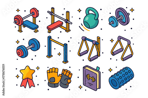 Strength Training Icons. Colorful isometric vector icons set of Strength Training Goals: barbell bench press, squat rack, deadlift bar, kettlebell swing,