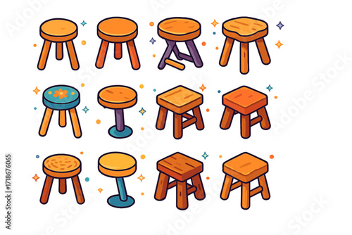 Isometric Milking Stools Collection. Colorful isometric vector icons set of traditional milking stools: three-legged wooden stool, round-top stool, rustic
