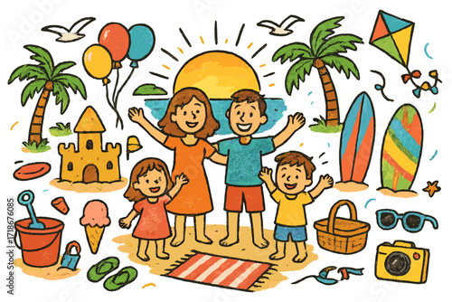 Beach Family Celebration. Colorful Hand-drawn doodle Children illustration Family beach celebration at sunset sandcastle, bucket and spade, ice cream cone,