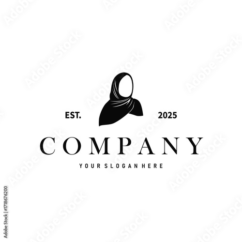 Beauty design concept of woman with black silhouette of simple elegant hijab logo, showing Muslim women's clothing style, illustration of symbol template for poster and brand