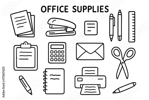 Office Supplies Doodles. Office Supplies. Hand-drawn doodle illustration catalog, paper stack, stapler, pen, pencil, ruler, calculator, clipboard, envelope,