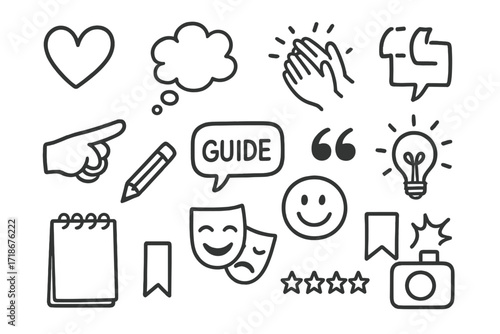 Creative Icon Doodles. Hand-drawn doodle illustration art appreciation heart icon, thought bubble, clapping hands, pointing finger, guide speech bubble, quote
