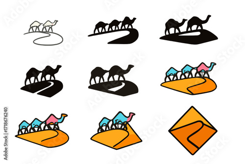 Desert Caravan Logos. Set Logo of Migration Routes: Desert caravan path. Logo set in vector style, emblematic variations. line, bold thick line, solid black