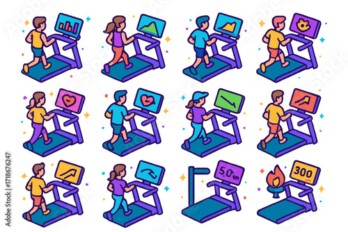 Colorful Treadmill Icons. Colorful isometric vector icons set of treadmill workout modes: interval training, steady jog, hill run, sprints, fat burn program,