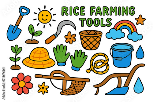 Colorful Farming Tools Doodle. Colorful Hand-drawn doodle Children illustration Rice Farming Tools [shovel, sickle, basket, plow, gloves, farmer hat, bucket,