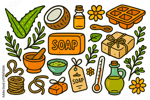 Natural Soap Ingredients. Colorful Hand-drawn doodle Children illustration Natural Soap aloe leaf, coconut, essential oil, soap bar, herbs, mortar and pestle,