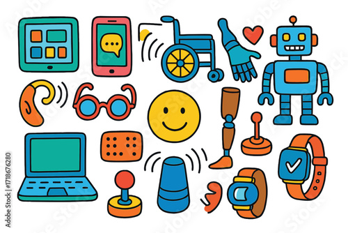 Colorful Assistive Tech Doodles. Colorful Hand-drawn doodle Children illustration Assistive technology [tablet, smartphone, wheelchair, hearing aid, glasses,