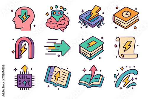 Isometric Learning Icons. Colorful isometric vector icons set of flash learning: rapid download head, data stream to brain, lightning chip install, fast facts