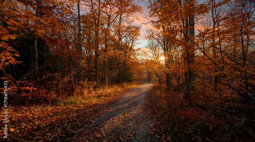 Obraz premium A tranquil dirt path winding through a vibrant autumn forest during a warm golden hour sunset