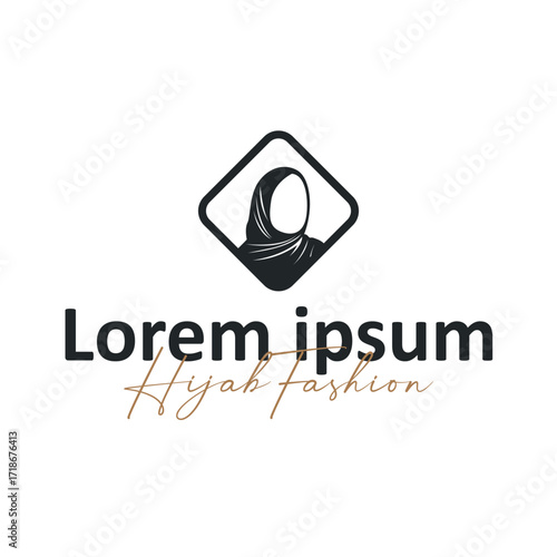 Beauty design concept of woman with black silhouette of simple elegant hijab logo, showing Muslim women's clothing style, illustration of symbol template for poster and brand