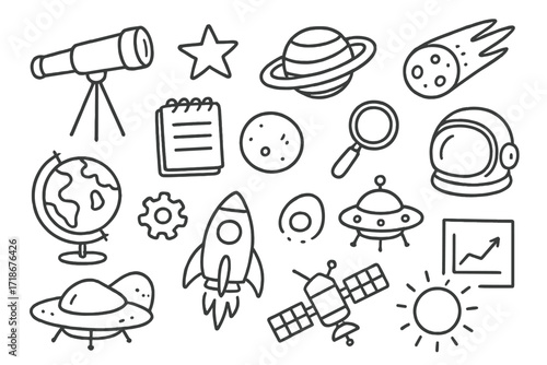 Astronomy Exploration Doodles. Hand-drawn doodle illustration Astronomy explorers [telescope, star, planet, moon, comet, notebook, magnifying glass, astronaut