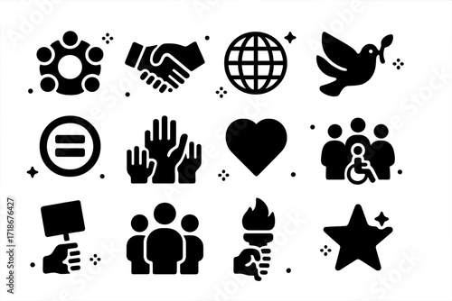 Unity Icons Grid. Unity. Solid icons set of circle of people, handshake, globe, peace dove, equality symbol, raised hands, heart, inclusive community, protest