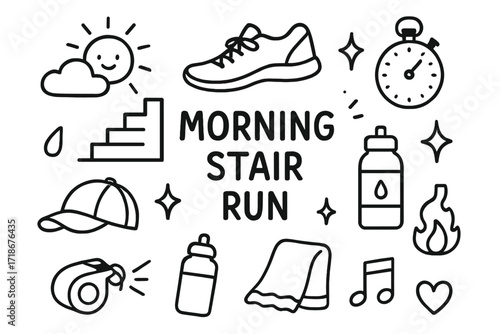 Morning Stair Run Doodle. Hand-drawn doodle illustration Morning stair run [stadium steps, sun, cloud, sneakers, stopwatch, whistle, water bottle, cap, sweat
