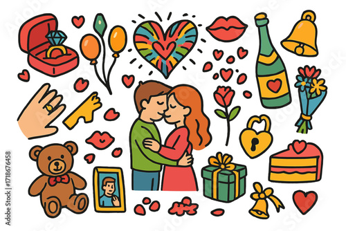 Playful Proposal Icons. Colorful Hand-drawn doodle Children illustration Engagement and wedding proposal diamond ring, ring box, champagne bottle, rose petals,
