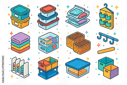 Colorful Storage Icons. Colorful isometric vector icons set of storing extra household items in a neat closet: labeled storage bins, stacked plastic
