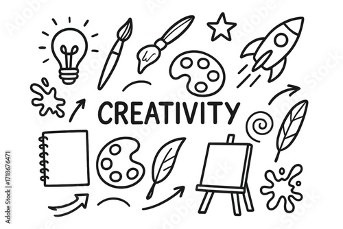 Artistic Inspiration Icons. Creativity. Hand-drawn doodle illustration light bulb, brush, palette, rocket, star, sketchbook, spiral, paint splashes, canvas,