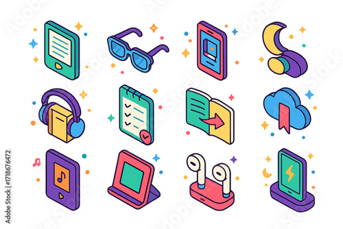 Digital Bedtime Reading Tools. Colorful isometric vector icons set of digital bedtime reading tools: e-reader, blue light filter glasses, mobile reading app,