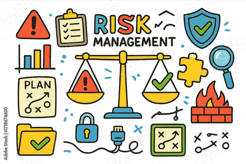 Children's Risk Management Doodles. Colorful Hand-drawn doodle Children illustration Risk Management balance scale, warning sign, bar chart, clipboard, shield,