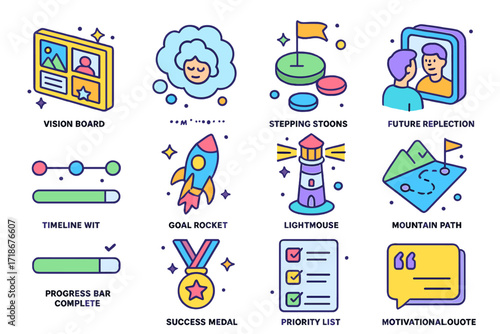 Isometric Goal Icons. Colorful isometric vector icons set of vision and goal setting: vision board, dream bubble, stepping stones to goal, future
