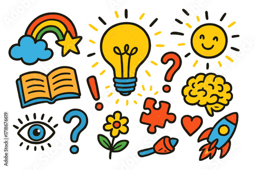 Whimsical Epiphany Icons. Colorful Hand-drawn doodle Children illustration Unexpected Epiphany [light bulb, spark, cloud, rainbow, star, question mark,