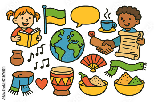 Cultural Exchange Icons. Colorful Hand-drawn doodle Children illustration Exchange of ideas through trade book, map, flag, speech bubble, scroll, globe,
