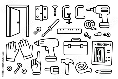 DIY Home Tools. Hand-drawn doodle illustration DIY home improvement door frame, hinge, screw, screwdriver, clamp, drill, ruler, toolbox, measuring tape, bolts,