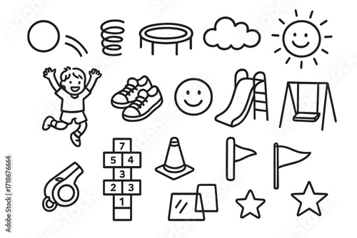 Playground Fun Icons. Hand-drawn doodle illustration Bouncy ball bouncing ball, spring, trampoline, child jumping, sneakers, smiley face, playground slide,