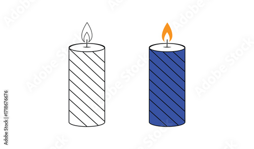 Illustration of a blue candle with a flame next to its outline drawing