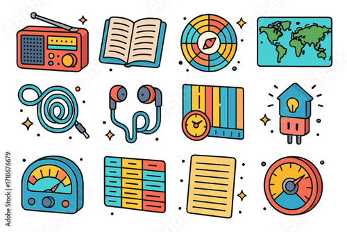 Colorful Shortwave Icons. Colorful isometric vector icons set of shortwave listening: shortwave radio, logbook, frequency wheel, world map, antenna wire,