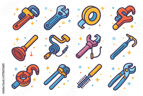 Plumbing Tools Icons. Colorful isometric vector icons set of Plumbing Tools and Equipment: pipe wrench, adjustable wrench, plumber's tape, pipe cutter,