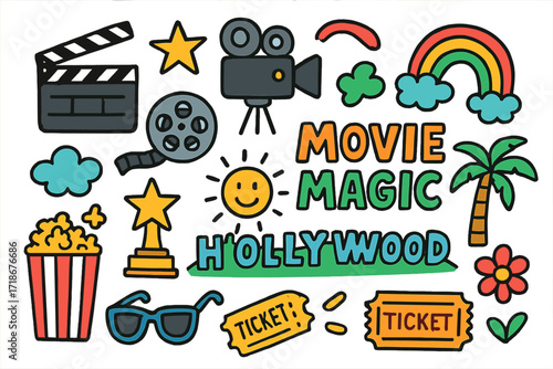 Movie Magic Doodles. Colorful Hand-drawn doodle Children illustration Movie Magic [clapperboard, camera, film reel, Hollywood sign, star, rainbow, trophy,