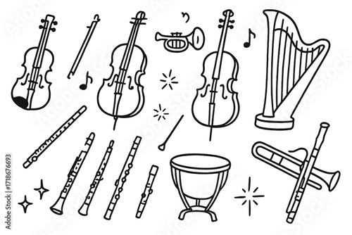 Orchestra Instrument Doodles. Hand-drawn doodle illustration Orchestra instrument set [violin, cello, double bass, trumpet, trombone, flute, clarinet, oboe,