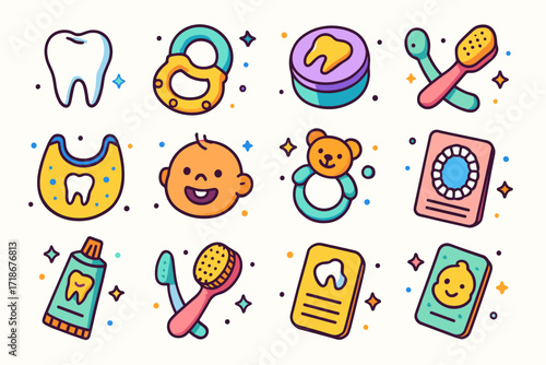 Baby's Dental Icons. Colorful isometric vector icons set of Baby?s First Tooth: baby tooth, teething ring, tooth fairy box, baby toothbrush, gum massager,
