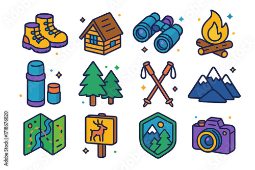 Mountain Retreat Icons. Colorful isometric vector icons set of mountain retreats: family hiking boots, cabin, binoculars, bonfire, thermos, pine trees, walking