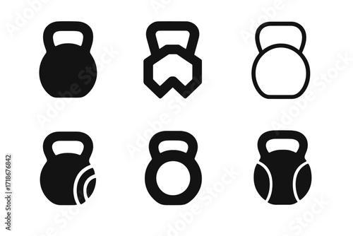 Kettlebell Logo Variations. Fitness. Set Logo of Fitness: Kettlebell. harmonious logo variations of the same emblematic concept, each with different artistic