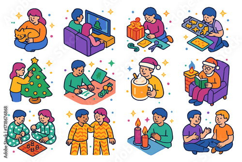 Cozy Holiday Icons. Colorful isometric vector icons set of cozy holiday moments: cuddling pets, watching holiday movies, wrapping gifts, baking cookies,
