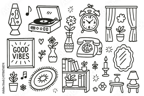 Retro Decor Doodles. Hand-drawn doodle illustration Retro decorative details [lava lamp, record player, vintage clock, rotary phone, framed poster, vase,
