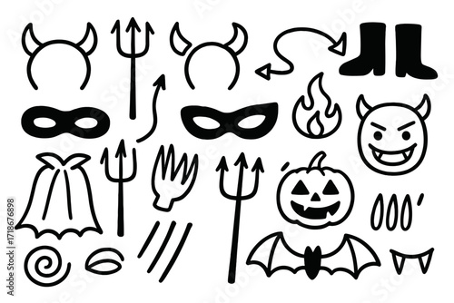 Halloween Costume Doodle. Hand-drawn doodle illustration Halloween Devil Costume horned headband, trident, tail clip, mask, flame symbol, black boots, evil
