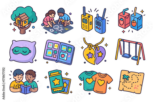 Childhood Friendship Icons. Colorful isometric vector icons set of childhood friendship moments: treehouse, chalk drawings, walkie-talkies, juice box cheers,
