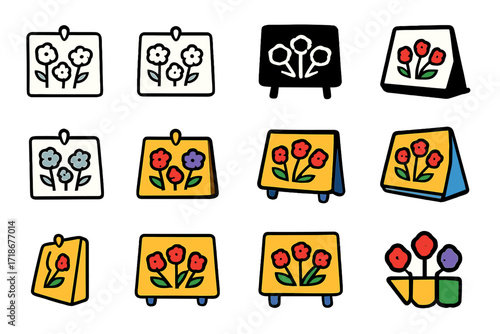 Kids Flower Logo Grid. Set Logo of Kids Making Tissue Paper Flowers: Display board with pinned flowers. Logo set in vector style, emblematic variations. line,